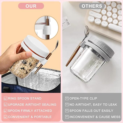 16oz Glass Mason Overnight Oats Jars, Cereal, Yogurt, Salad Lunch,Glass Overnight Oats Containers with Lids and Spoon, Container with Measurement Marks - (Grey&White-2Pcs)