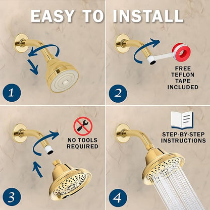 Aqua Elegante Massage Shower Head With Mist - High Pressure Boosting, Adjustable Massaging Rainfall Showerhead For Low Flow Showers With Water Saving Nozzles - 2.5 GPM - Polished Brass