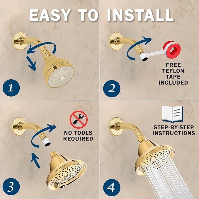 Aqua Elegante Massage Shower Head With Mist - High Pressure Boosting, Adjustable Massaging Rainfall Showerhead For Low Flow Showers With Water Saving Nozzles - 1.8 GPM - Polished Brass