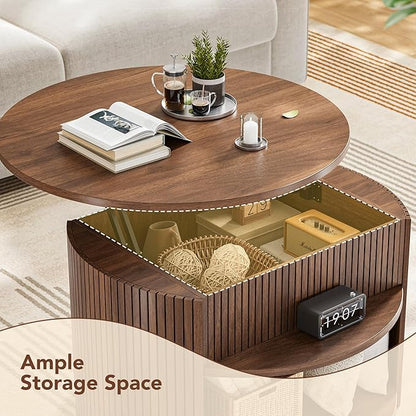 31.5" Round Lift Top Coffee Table with Storage, Fluted Mid-Century Modern Coffee Tables for Living Room, with Hidden Compartment, for Small Spaces & Home Office, Walnut