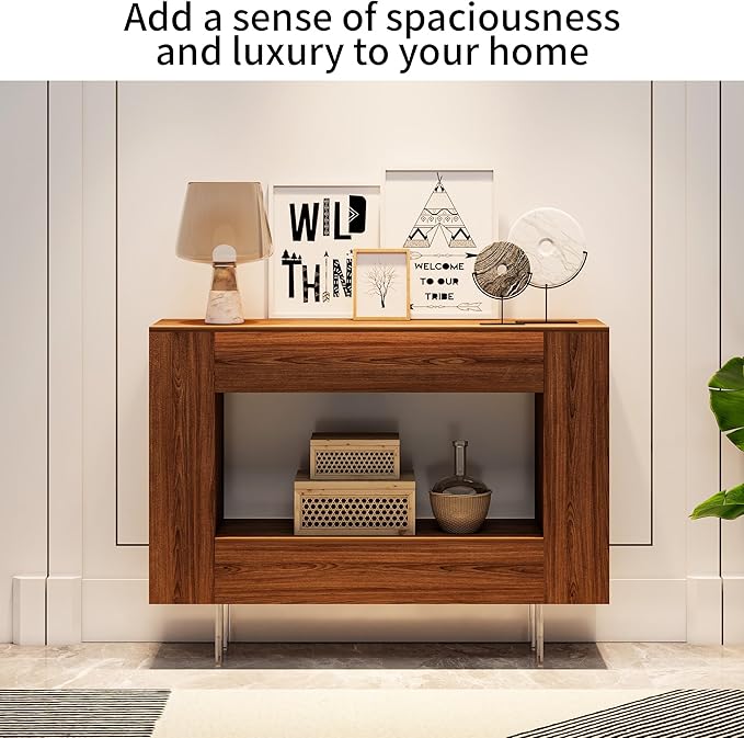 Narrow Console Table with Hidden Side Storage Cabinets, Adjustable Shelves, Farmhouse Entryway Sofa Table for Behind The Couch, Living Room, Hallway, Walnut