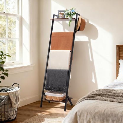 5 Tier Blanket Ladder with Shelf and Hooks, 4.8ft Metal Ladder Shelf Blanket Holder Storage Rack for Living Room, Free Standing Blanket Rack for Storage and Home Decor