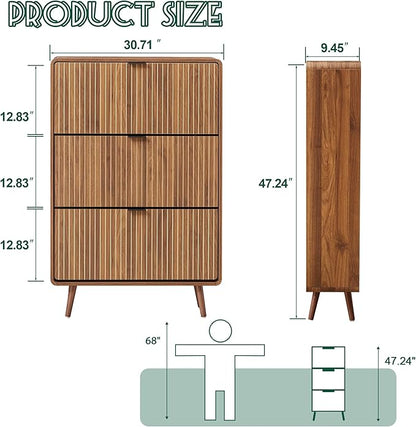 Narrow Shoe Cabinet Storage for Entryway,Slim Shoe Cabinet with 3 Flip Drawers, Fluted Shoes Rack Organizer (All Walnut, 3 Drawers)