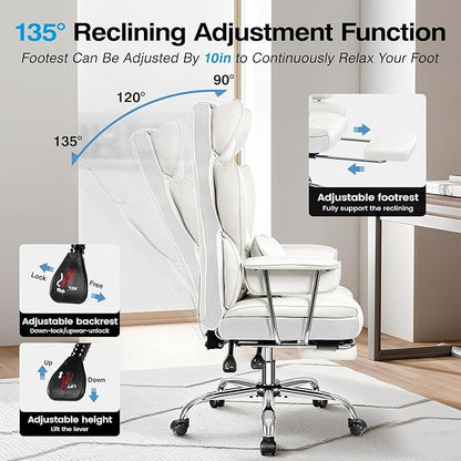Office Chair Comfy, Big and Tall Executive Leather Chair, High Back Ergonomic Wide Chair with Footrest, Reclining Computer Desk Chair, Heavy Duty Gaming Chair with Padded Arm and Pillow, White