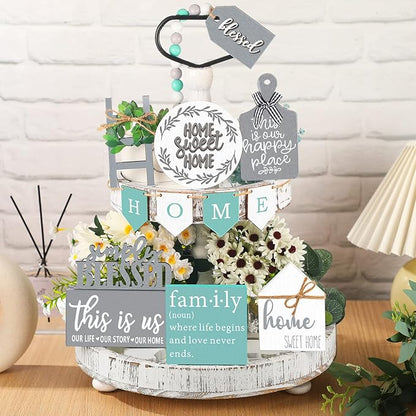 11 pcs Home Tiered Tray Decor This is us Rustic Farmhouse Tiered Tray Decorations Set Home Wooden Signs Vintage Farm Animal Farmhouse Tabletop Wood Signs for Kitchen Table Shelf Decor