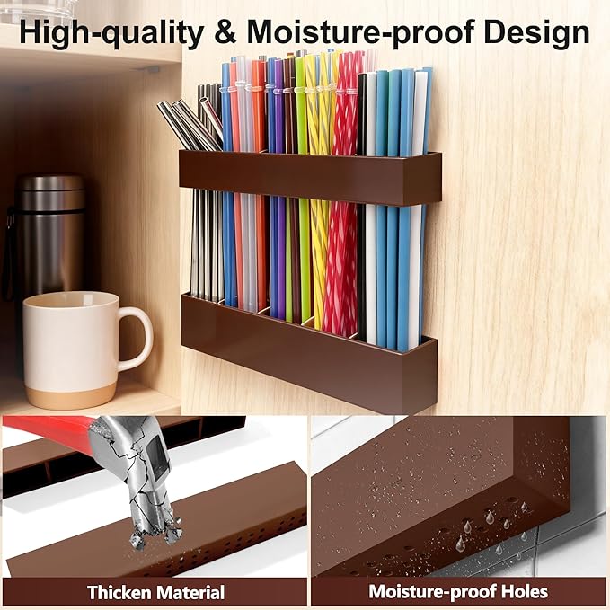 9.5” Large Acrylic Straw Holder for Cabinet Door, Reusable Adjustable Two-Part Straws Organizer with Ultra Sticky Adhesive Strips, 2026 Straw Storage for Kitchen Cupboard (Brown)