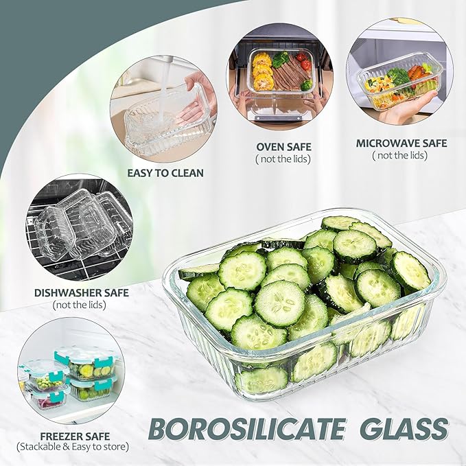 KOMUEE 10 Packs Glass Meal Prep Containers with Lids, Glass Food Storage Containers Set, Airtight Lunch Containers, Microwave, Oven, Freezer and Dishwasher Safe, Green