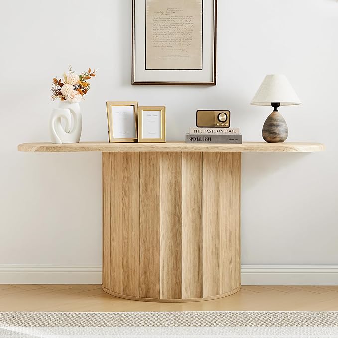 Fluted Console Table, 59'' Narrow Wooden Sofa Tables Behind Couch, Modern Entryway Table with Storage Curved Accent Table for Hallway, Living Room, Entrance, Foyer (Natural)