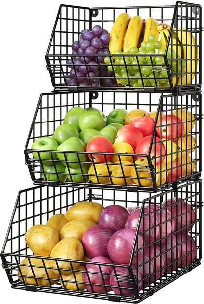 3-Tier Stackable Wire Baskets for Counter, Fruit and Vegetable Storage, Potato and Onion Storage Bin，Kitchen Pantry Organizer - Wall Basket for Produce/Snack/Can, Black