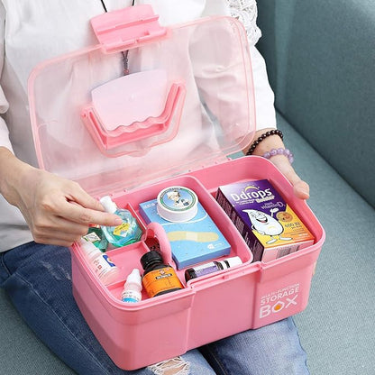 Kinsorcai 11'' Plastic Storage Box with Removable Tray, Multipurpose Organizer and Storage Case for Art Craft and Cosmetic (Pink)