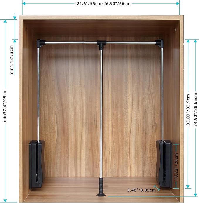Pull Down Closet Rod 21"-26", Adjustable Side Mounted Closet for Kitchen Bedroom High Cabinets, Chrome, Two-Way Buffering Side, Heavy Duty Load Capacity