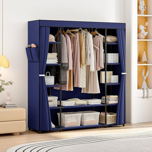 SORCEDAS Portable Closet Wardrobe Organizer Storage with Cover Non-Woben Fabric Portable Wardrobe Closet for Hanging Clothes Racks Shelving 33 Inch for Bedroom, Blue (Blue, 59Inch)