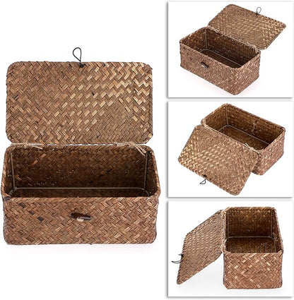 Sumnacon Small Wicker Basket with Lid Rectangle Woven Baskets for Toiletries Tampon Storage,Wicker Storage Basket with Lid,Decorative Seagrass Storage Baskets for Shelf Bathroom Toilet Table, Coffee