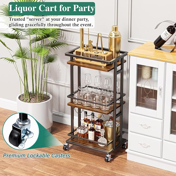 3-Tier Liquor Cabinet with Wine Rack, Mini Bar Cart for Home, Small Liquor Bar for Alcohol, Rolling Kitchen Serving Cart on Wheels, Wine Drink Cart for Party, Bar Stand for Small Space