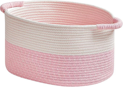R RUNKA Storage Baskets for Organizing | 15"x10.2"x9.1" - 1 Pack Nursery Bin with Handles - Woven Cotton Rope Baskets for Dog Toys, Books, Shelf, Bathroom,Closet -Pink Basket for Girls