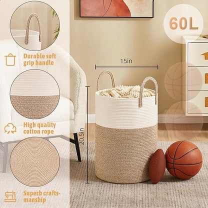 Laundry Basket,Woven Cotton Rope Laundry Hamper,60L for Decor Storage of Dirty Clothes,Toys and Blankets in Bathroom,Baby Room and Living Room