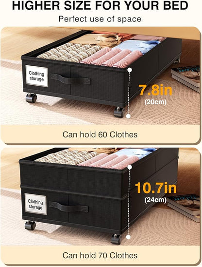 Under Bed Storage with Wheels,1Pack Underbed Shoe Storage Organizer,7.5-10.6 inchTall Adjustable Storage for Underbed with Lids,65L Extra large capacity for Clothes, Blankets,Shoes