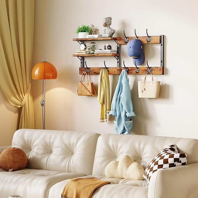 Homeiju 28.7" Coat Rack Wall Mount with Shelf, Key Hooks for Wall with Shelf, Coat Hooks Wall Mounted with 8 Heavy Duty Double Hooks for Bedroom,Living Room, Rustic Brown (8 Hooks)