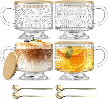 INSETLAN Vintage Glass Coffee Mugs 14 oz Set of 4, Embossed Overnight Oats Containers with Bamboo Lids and Spoons, Glass Coffee Cups for Tea, Cappuccino, Latte, Cereal and Yogurt, Gifts for Women