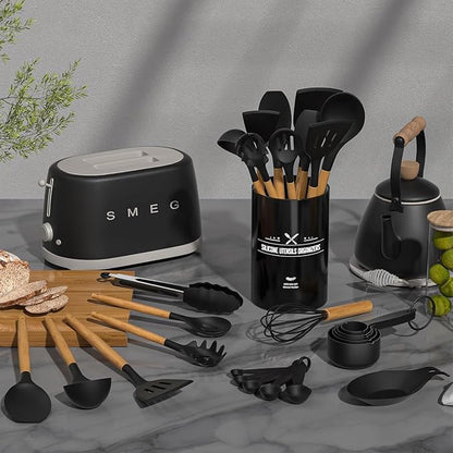 Kitchen Utensils Set- 34PCS Silicone Cooking Utensil with Holder, Umite Chef Heat Resistant Kitchen Spatula Set for Nonstick Cookware, Black Wooden Handles Kitchen Gadgets Tools Set