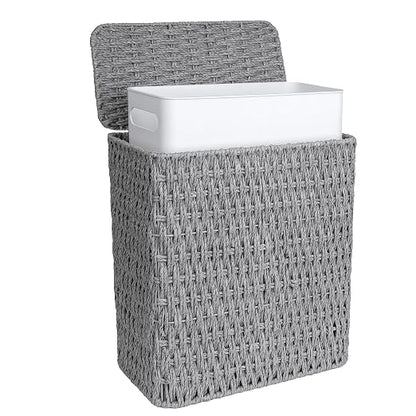 iEGrow Paper Rope Trash Can,Bathroom Trash Can with Lid, 3 Gallon Wicker Waste Basket with Removable Liner, for Bedroom, Living Room, Toilet, Under Sink Gray