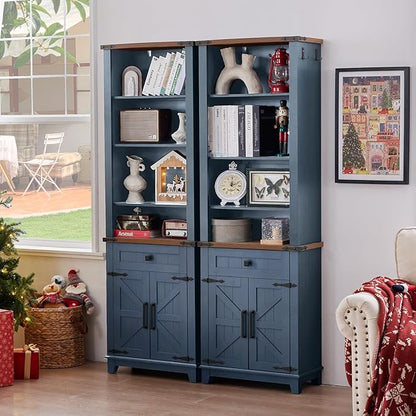 72in Tall Bookshelf 7 Tier Bookcase with Drawer and Barn Doors and Adjustable Shelves, Blue Farmhouse Book Shelf with Storage Cabinet, Wood Freestanding Display Bookshelves for Kitchen (2PCS)