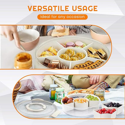 Rotating Snack Box Container - Medium Divided Serving Tray with Lid - Snack Spinner for Kids -Pie Carrier,Mess-Free Snack Container - Veggie Tray with Lid for Fridge - Spinning Snack Container