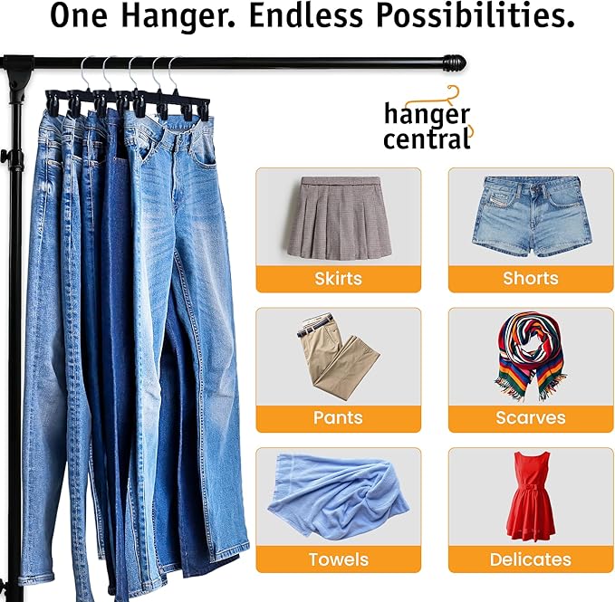 12 inch 30 Pack Pants Hangers Slim Plastic Clothes Hangers with Clips for Skirts, Shorts & Trousers – Non Slip Grip, Heavy Duty Space Saver with Swivel Hook – Black Closet Organizer