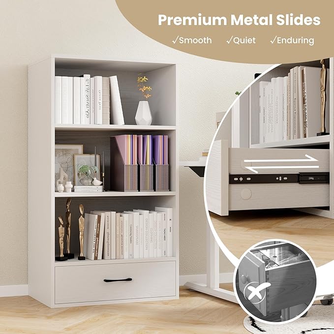 Tangkula 3 Tier Bookcase with Drawer, 42.5”Tall Freestanding Bookshelf with 3 Open Shelves & 1 Drawer, Anti-toppling Devices, Modern Display Storage Organizer for Home Office (White, 42.5" H)