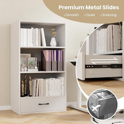 Tangkula 3 Tier Bookcase with Drawer, 42.5”Tall Freestanding Bookshelf with 3 Open Shelves & 1 Drawer, Anti-toppling Devices, Modern Display Storage Organizer for Home Office (White, 42.5" H)