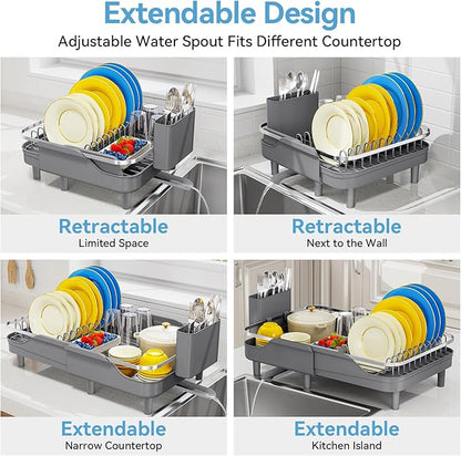 Urackify Dish Drying Rack for Kitchen Counter, Expandable Stainless Steel Dish Racks with Adjustable Water Spout, Space Saving Dish Drainer with Cutlery Holder,16.14"-23.62" L x 12.99" x 8.78",Grey
