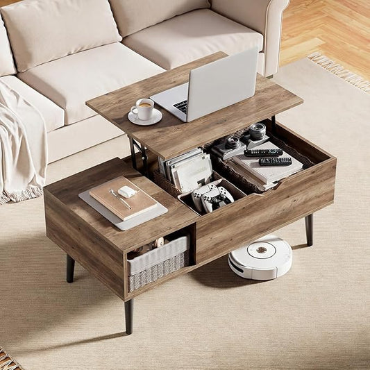 OLIXIS Wooden Coffee Table, Lift Top Coffee Stand with Large Hidden Compartment and Ample Storage Shelf, Lift Tabletop Dining Table for Living Room, Home Small Space, Grey