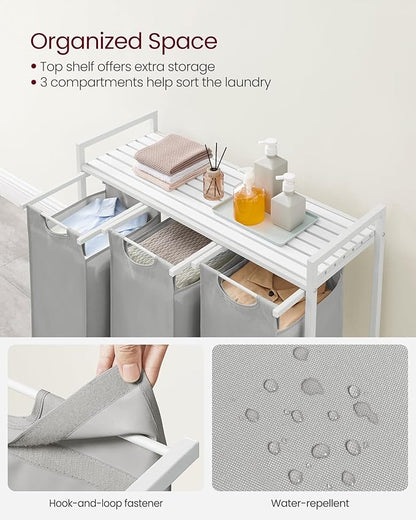 VASAGLE Laundry Hamper, Laundry Basket, Laundry Sorter with 3 Pull-Out and Removable Bags, Shelf, Metal Frame, 3 x 10.6 Gallons (40 L), 36.4 x 13 x 28.4 Inches, Dove Gray and Cloud White UBLH301W03