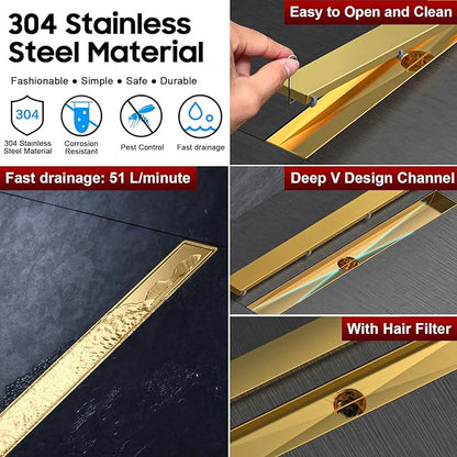 DLONE Linear Shower Drain | 60" AISI 304 Stainless Steel Linear Drain, Brushed Gold Shower Drain with Tile Insert Panel & Adjustable Feet, Long Rectangle Shower Floor Drain in Bathroom, Balcony, etc