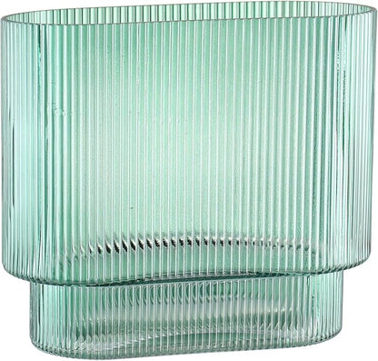 Ribbed Glass Vase, Green Glass Vase, Fluted Short Vases for Flowers, Modern Vases for Living Room, Dining Room, Bathroom, Desk, Shelf, Wedding, Office, 7 Inches