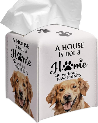 Grace Yonks Cute Golden Retriever Tissue Box Cover Square, Golden Retriever Dog Cube Case for Facial Tissues, 5.2" PU Leather(031)
