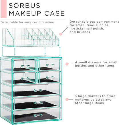 Sorbus Acrylic Makeup Organizer Set, 7-Drawer Vanity & Countertop Cosmetic Storage with Small & Wide Compartments, Teal Thrill Makeup Storage for Brushes, Jewelry – Holiday Gift for Women & Teens