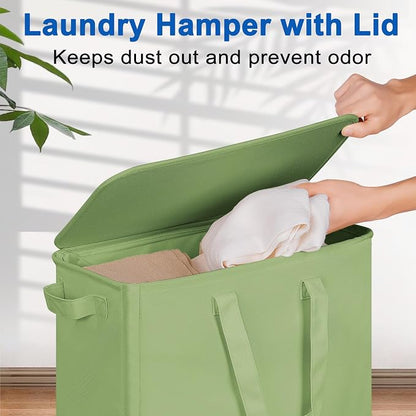 Vincona Slim Laundry Hamper with Lid and Wheels, Small Rolling Laundry Basket with Handle for Small Spaces, Tall Dirty Clothes Hampers for Dorm, Bathroom and Bedroom, 75L Sage Green