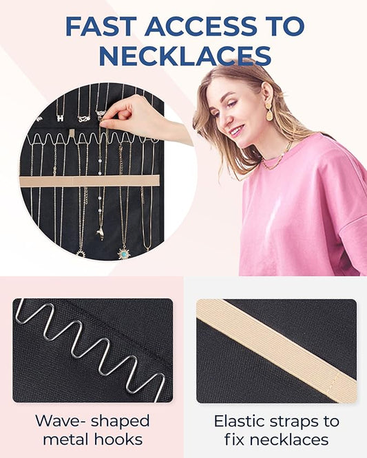 BAGSMART Hanging Necklaces Organizer Jewelry Holder Storage Roll with Hanger Metal Hooks Double-Sided Jewelry Organizer for Necklaces, Bracelets on Closet, Wall, Door, 1 piece, Large Black