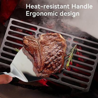 Professional Wide Turner 9.5 Inch Stainless Steel Spatula for Cast Iron, Griddle and Grill Cooking, Barbecue Hamburger Metal Kitchen Utensil, Dishwasher Safe