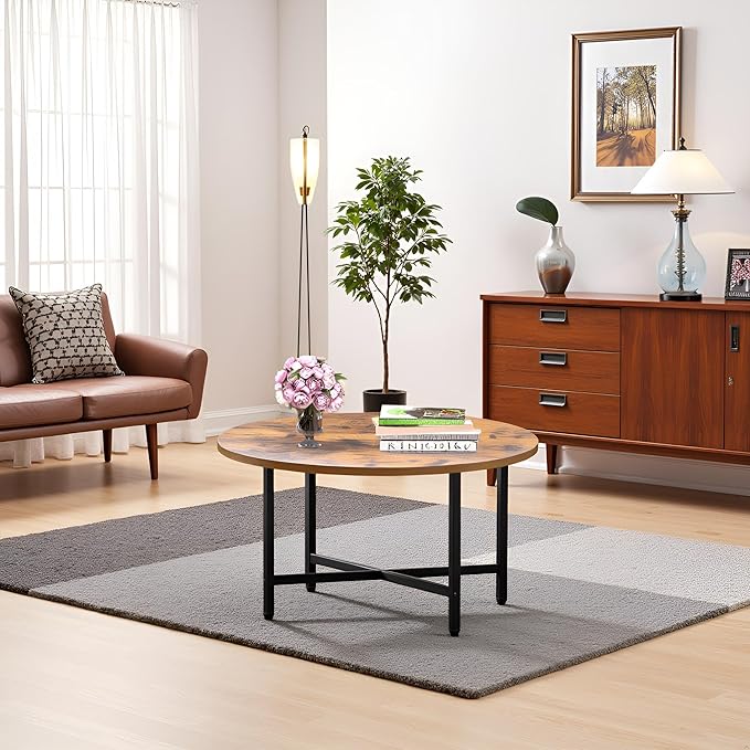 Round Coffee Table, 23.6" Small Coffee Tables for Living Room, Circle Coffee Table with Metal Frame, Floor Table Desk for Sitting on The Floor, Home, Office, Rustic Brown