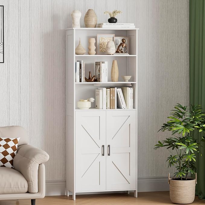 Homhedy 67" Tall Bathroom Storage Cabinet, Freestanding Farmhouse Cabinet with 2 Doors and Adjustable Shelf, Bathroom Organizers and Storage for Kitchen, Living Room, Laundry Room, White