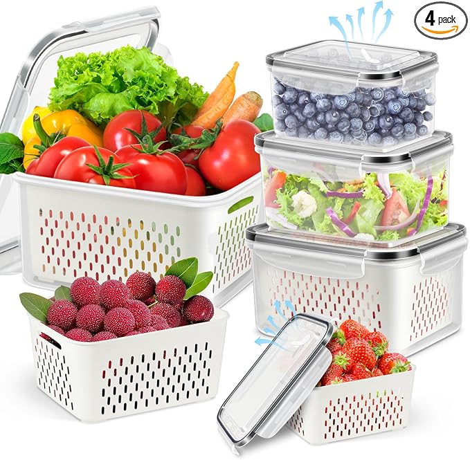 8-Piece Fruit Storage Containers for Fridge, BPA Free Plastic, Airtight with Vent Holes and Removable Colander, Refrigerator Organizer for Vegetables, Meat, Berry