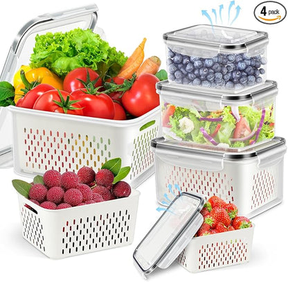 8-Piece Fruit Storage Containers for Fridge, BPA Free Plastic, Airtight with Vent Holes and Removable Colander, Refrigerator Organizer for Vegetables, Meat, Berry