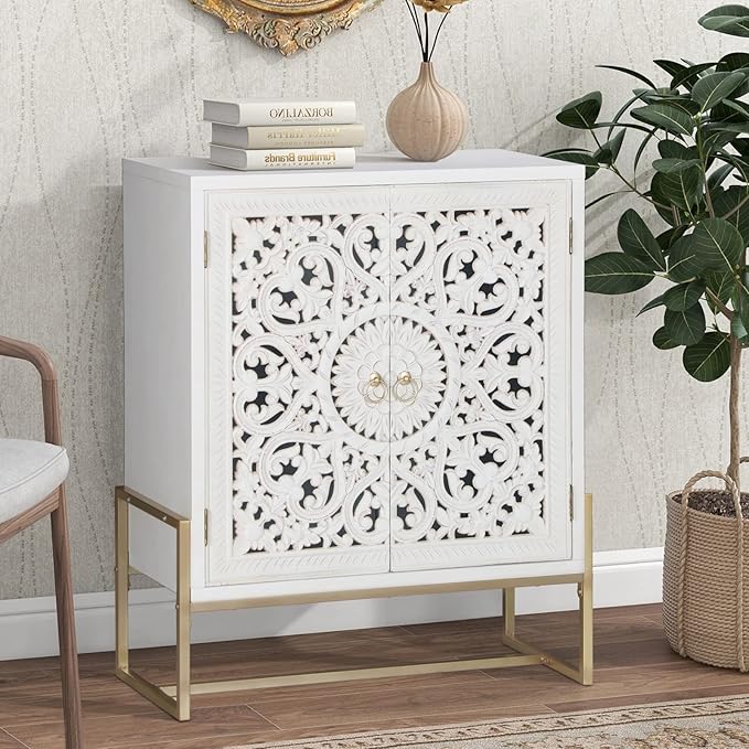 Sophia & William Accent Cabinet with Doors, White Distressed Storage Cabinet Display Cabinet with 2 Hollow-Carved Doors and Metal Legs for Living Room Entryway