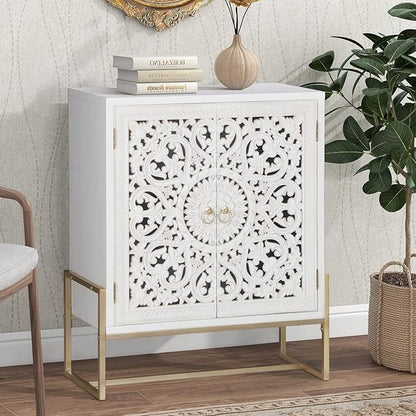 Sophia & William Accent Cabinet with Doors, White Distressed Storage Cabinet Display Cabinet with 2 Hollow-Carved Doors and Metal Legs for Living Room Entryway