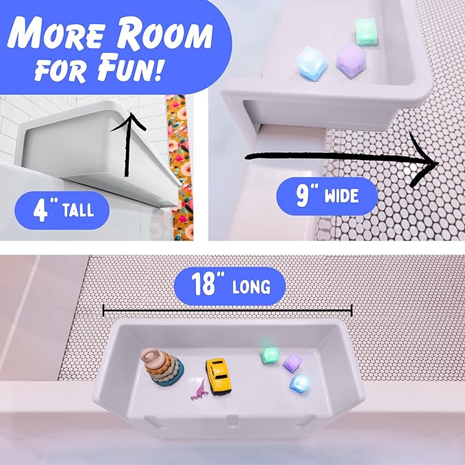 Tub Topper® Mini Bathtub Splash Guard for Kids - Compact Bath Splash Guard & Tub Play Shelf - Easy to Remove, Store & Clean - Patented Lip Design, Non-Silicone, BPA-Free, Made in USA (White)