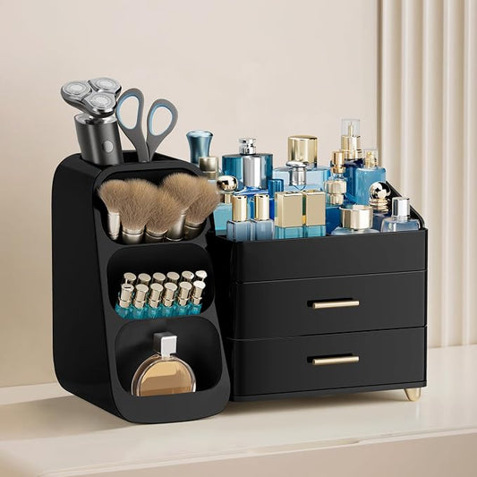 HBlife Cologne Organizer for Men Makeup Organizer with Brush Holder for Vanity, Large Plastic Bathroom Countertop Organizer Skin Care Storage, Fathers Day Gift for Dad Husband, All Black