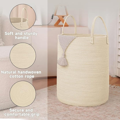 JMvicyroam Large Woven Laundry Basket Hamper,80L Cotton Rope Storage Bin for Blankets,Toys and Clothes,Decorative Tall Nursery Hamper for Living Room,Baby Nursery,Bathroom and Bedroom,Beige