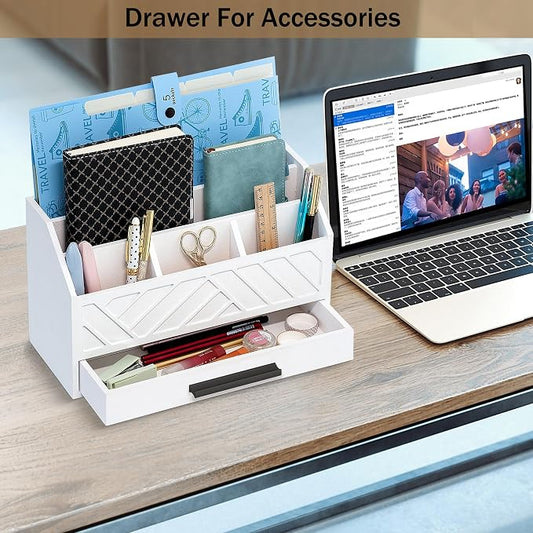 dreampossible Wood Desk Organizer and Accessories with Drawer, Bill Mail Organizer and File Mail Holder for Office Supplies, Modern Desk Accessories & Workspace Organizers for Desk Organization